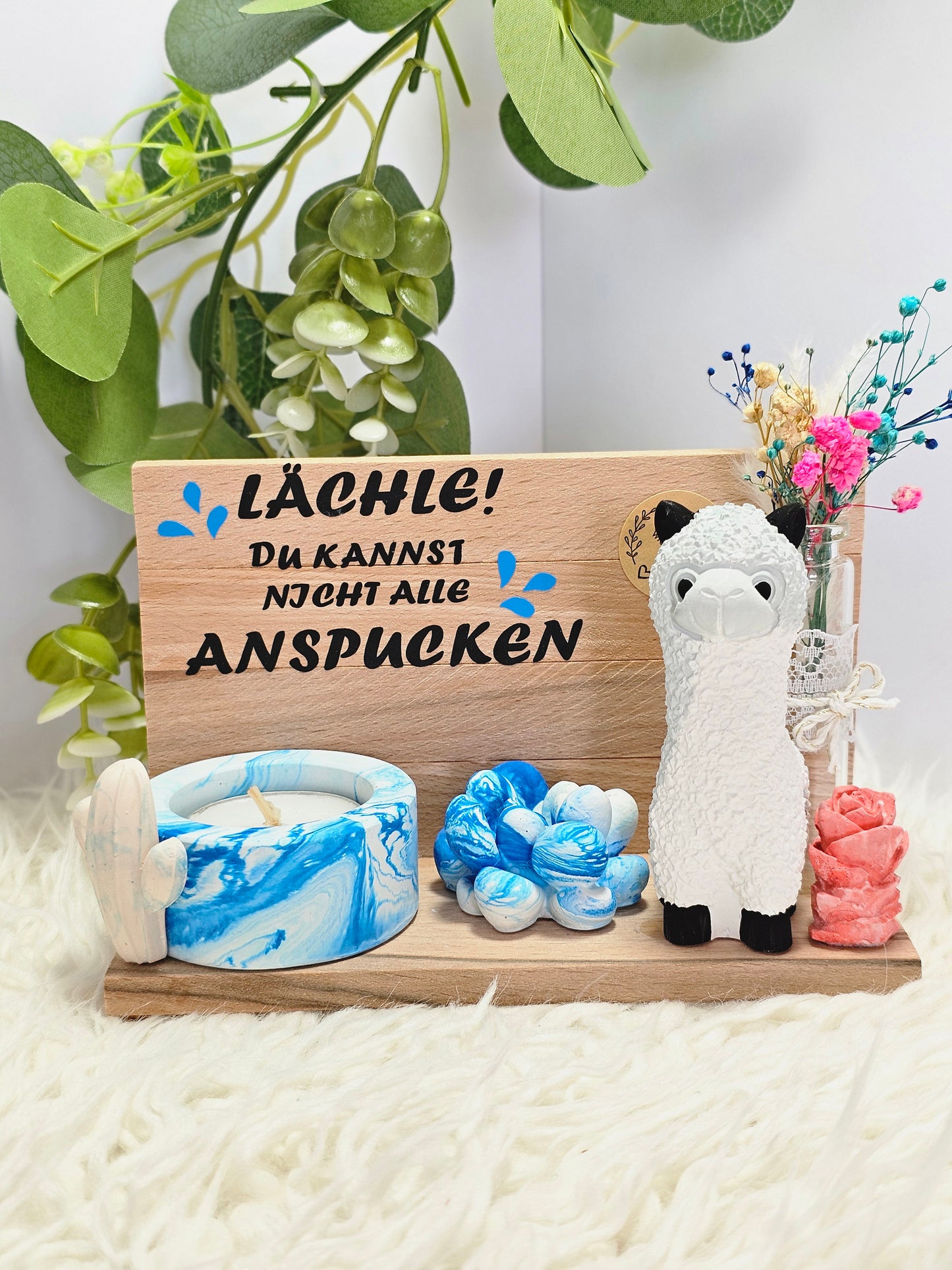 Alpaka Aufsteller mit Teelichthalter blau